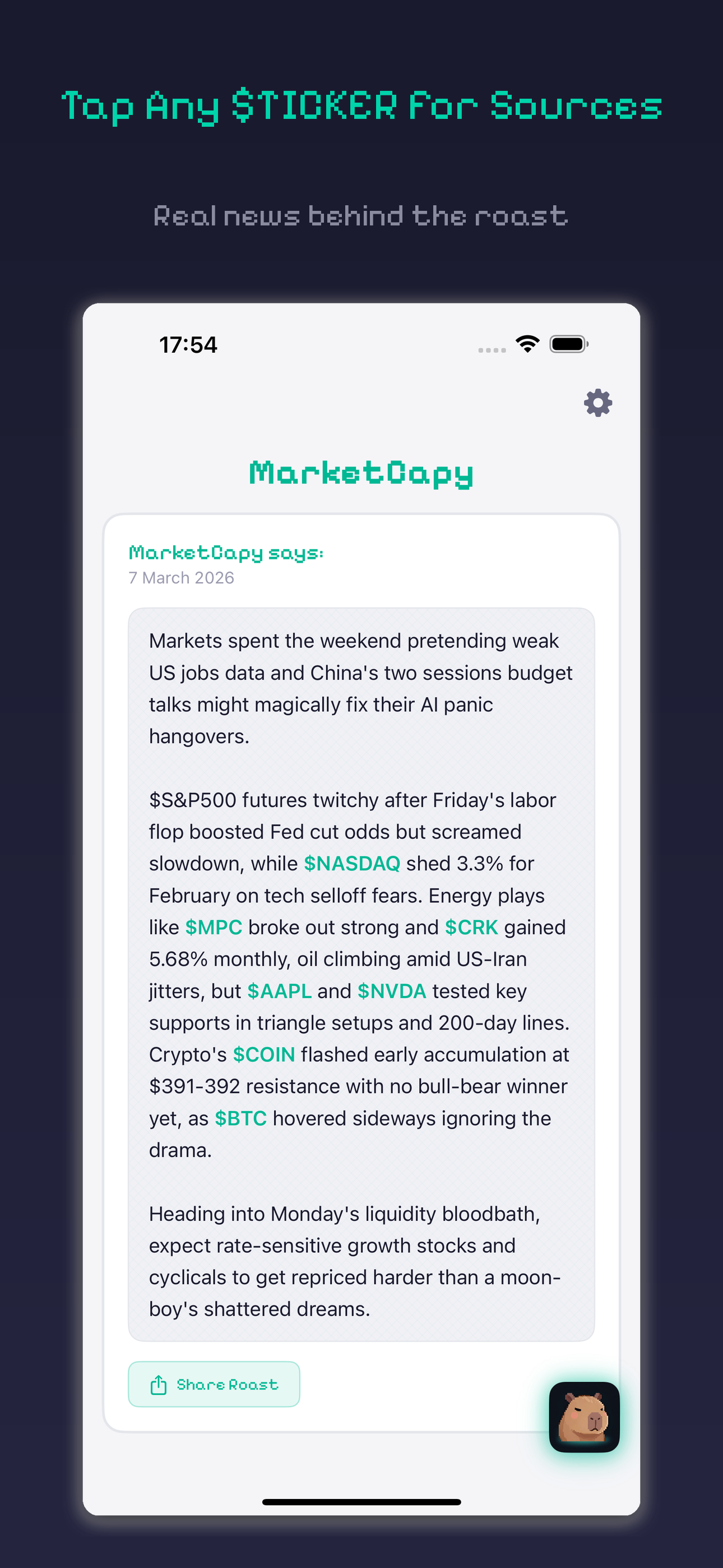 Tap tickers for sources